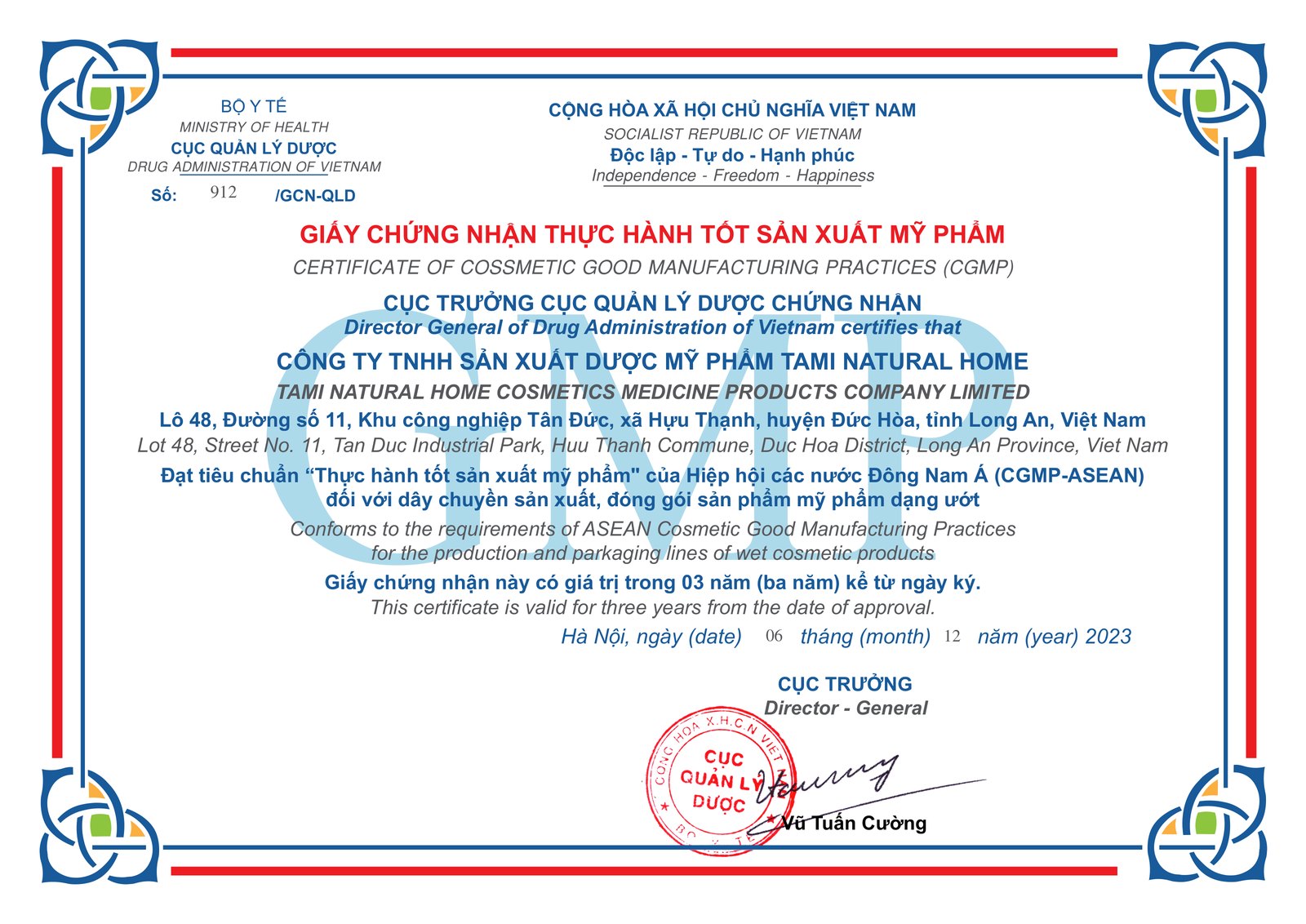ASEAN CGMP certificate, no. 912/GCN-QLD