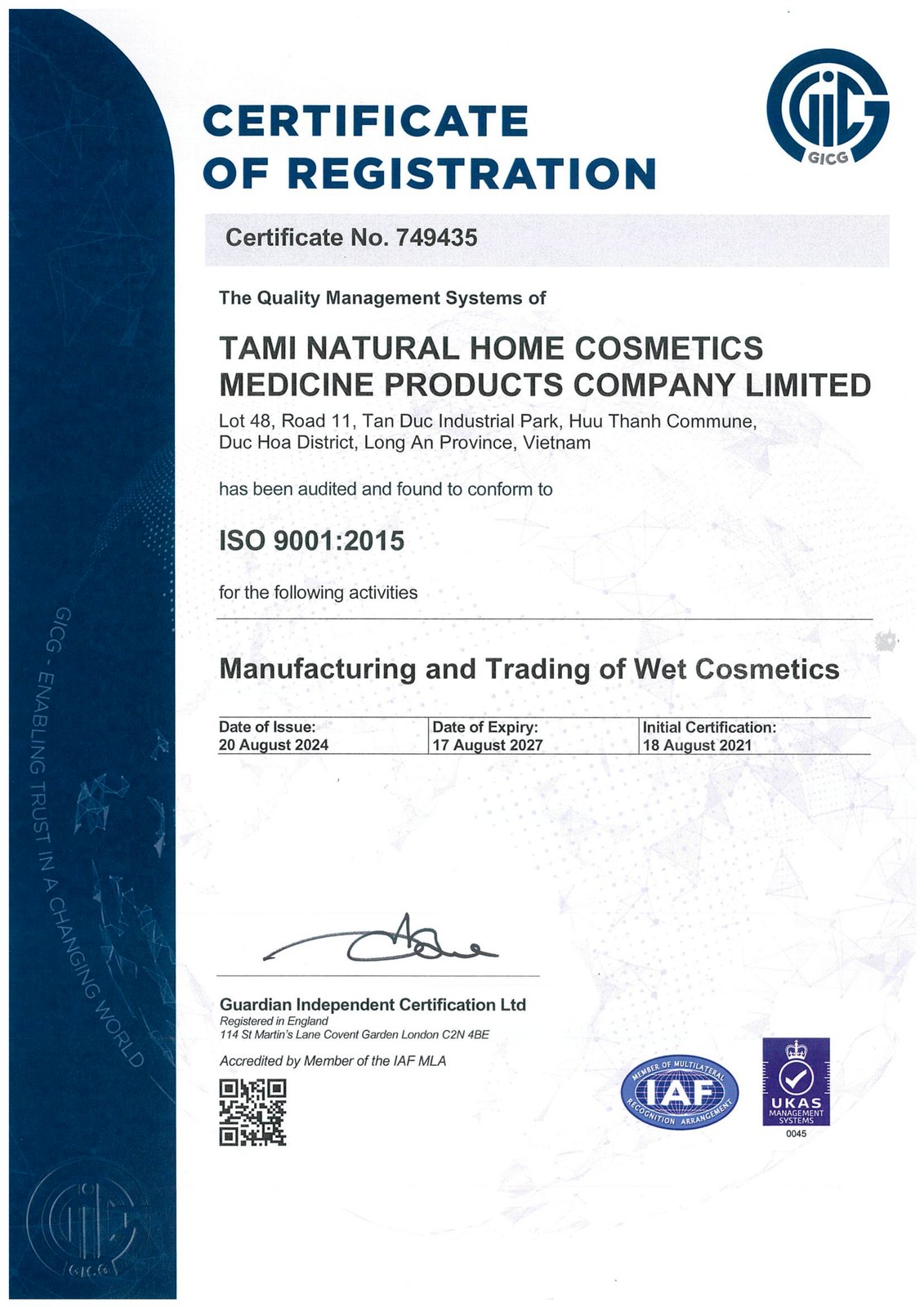 ISO 9001:2015 certificate, no. 749435